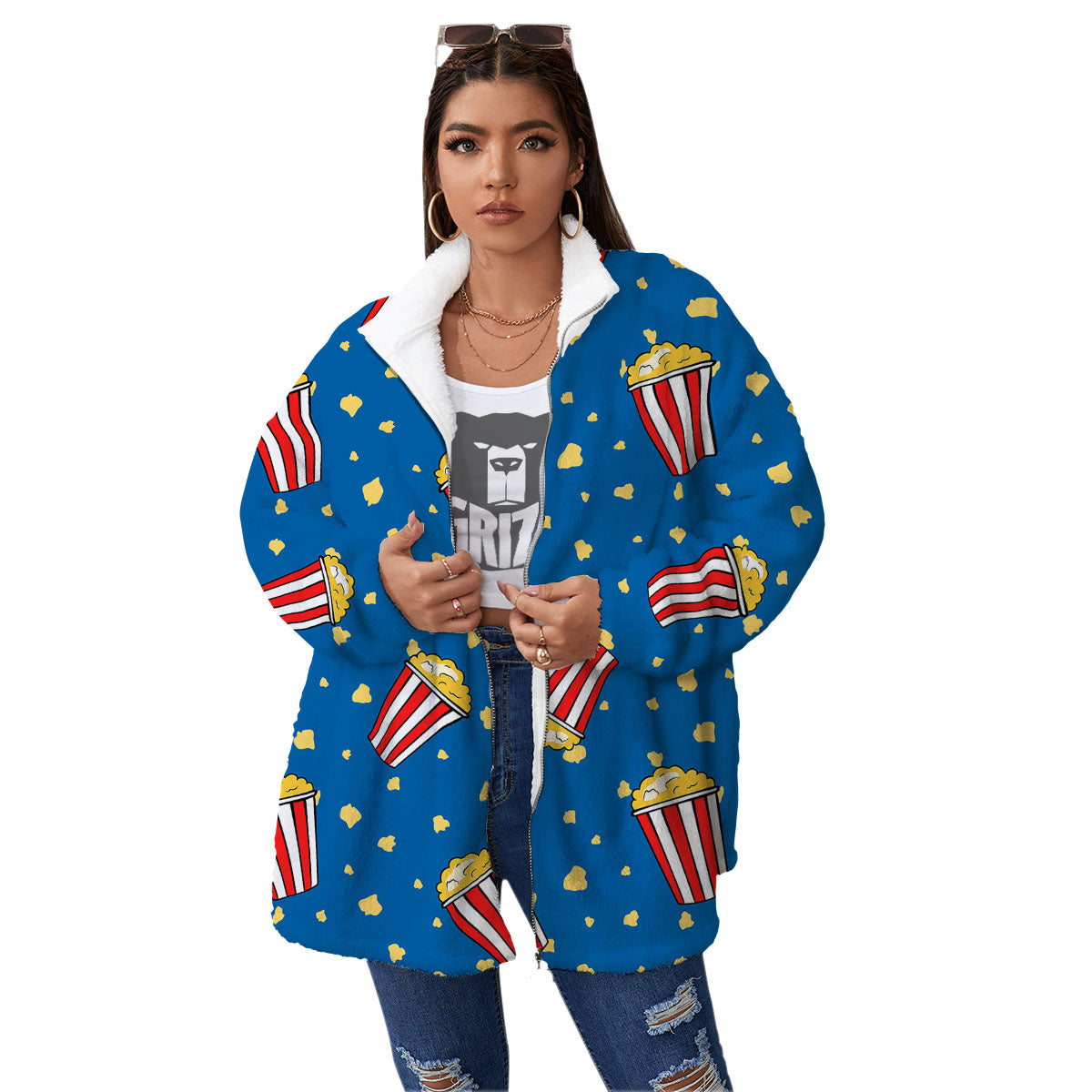 Pattern Popcorn Print Women's Sherpa Jacket-grizzshop