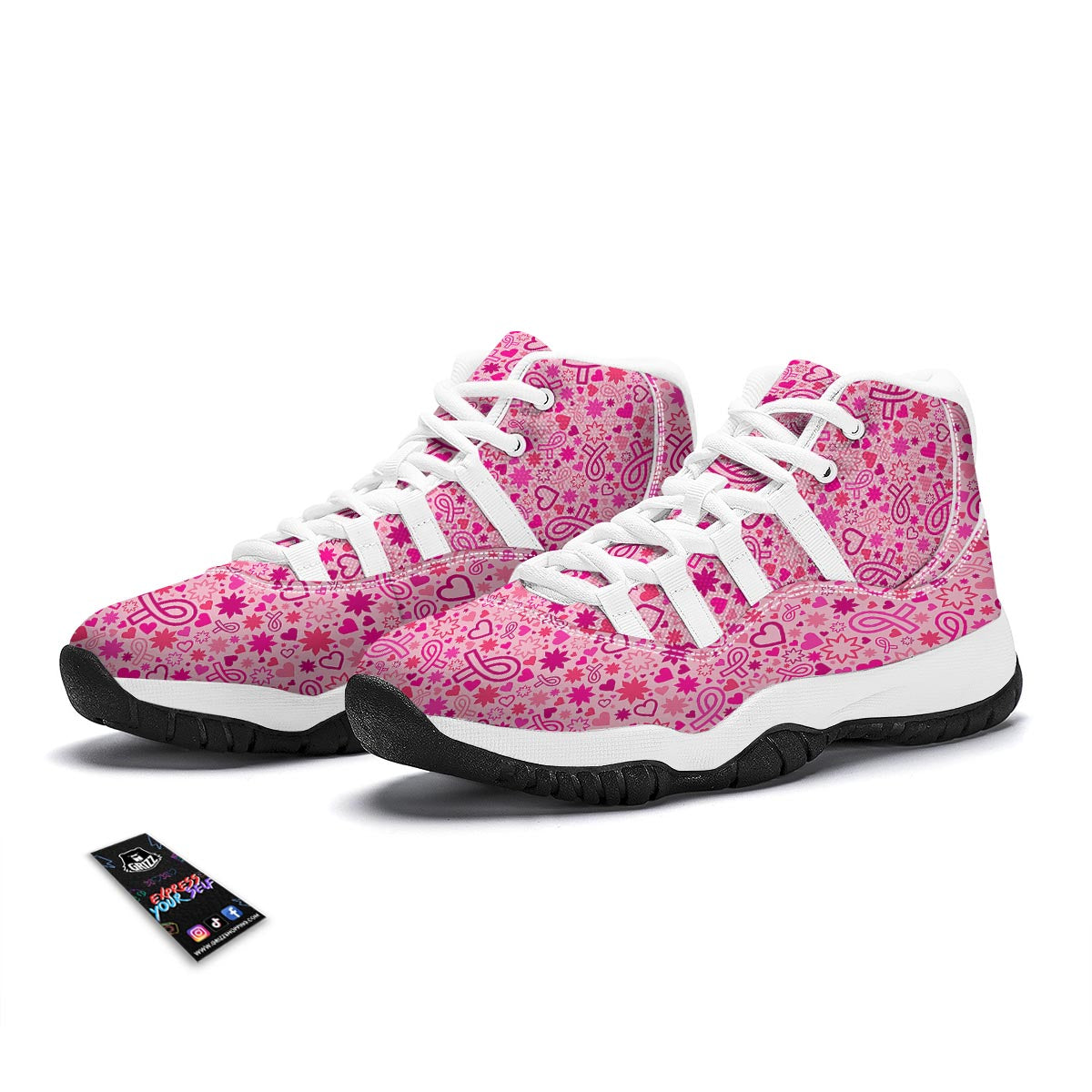 Pattern Print Breast Cancer Awareness Pink Ribbon White Bball Shoes-grizzshop