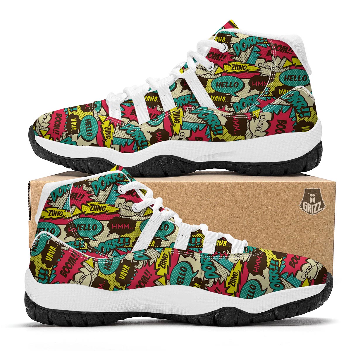 Pattern Print Comic Book Strip White Bball Shoes-grizzshop
