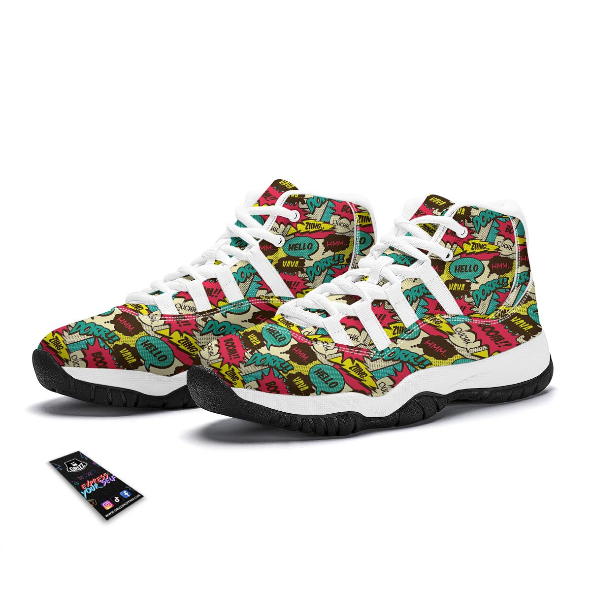 Pattern Print Comic Book Strip White Bball Shoes-grizzshop
