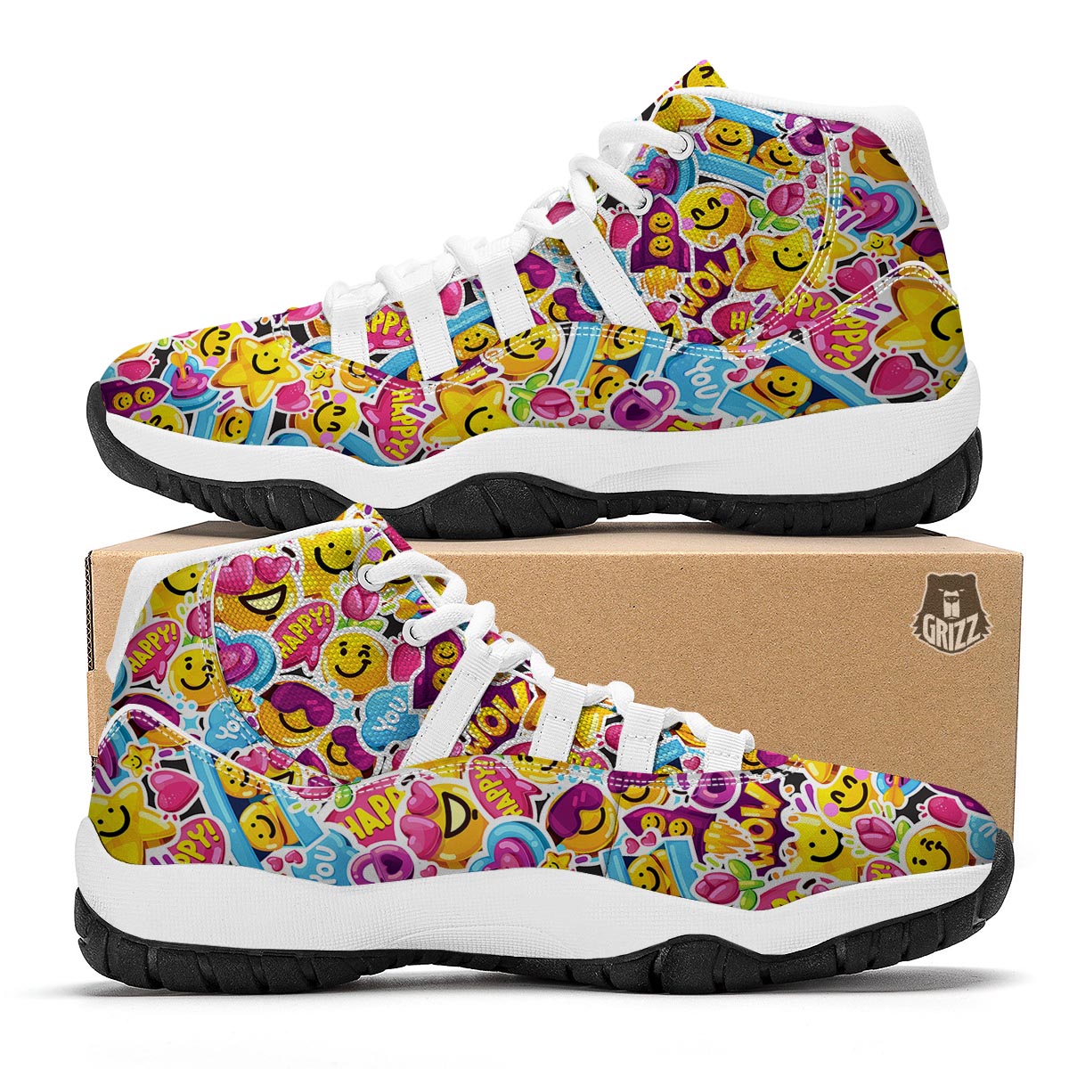 Pattern Print Emoji White Bball Shoes-grizzshop