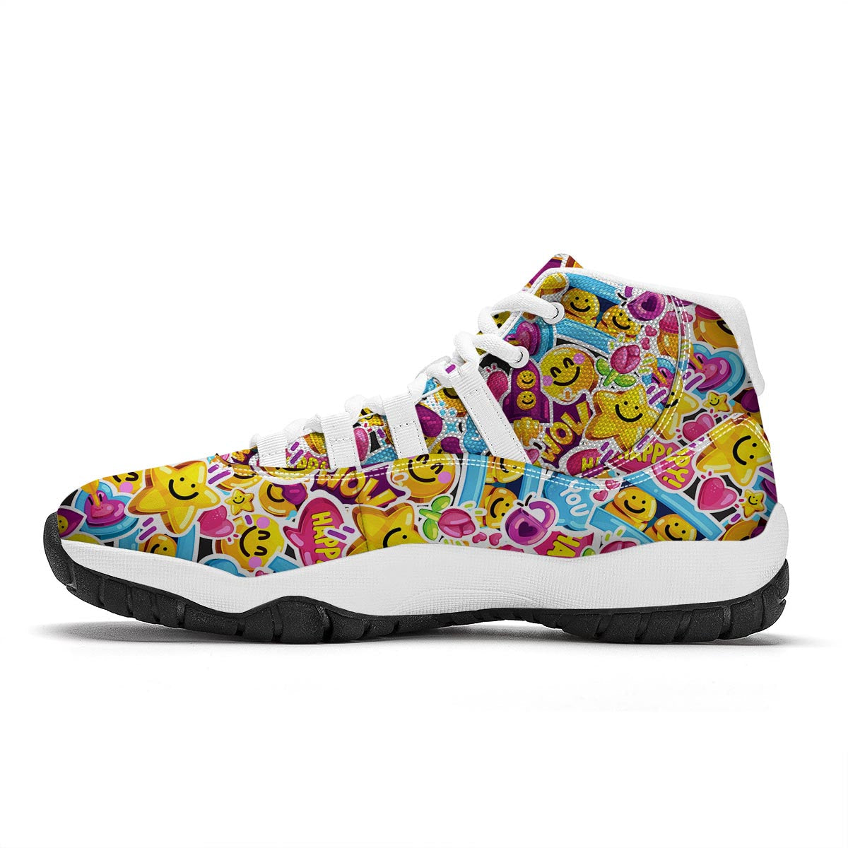 Pattern Print Emoji White Bball Shoes-grizzshop