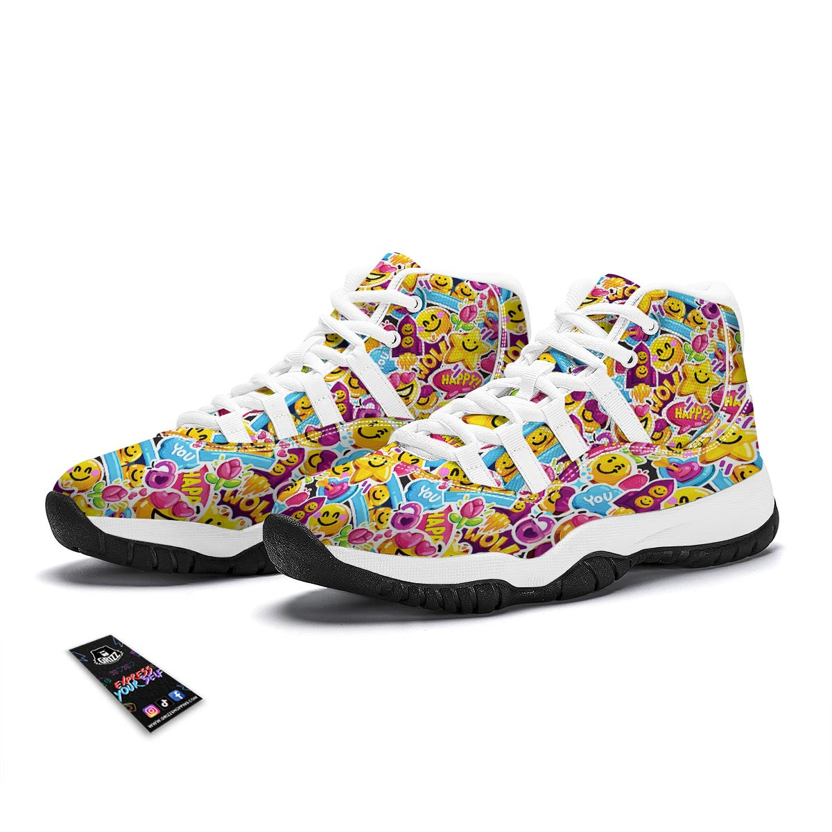 Pattern Print Emoji White Bball Shoes-grizzshop