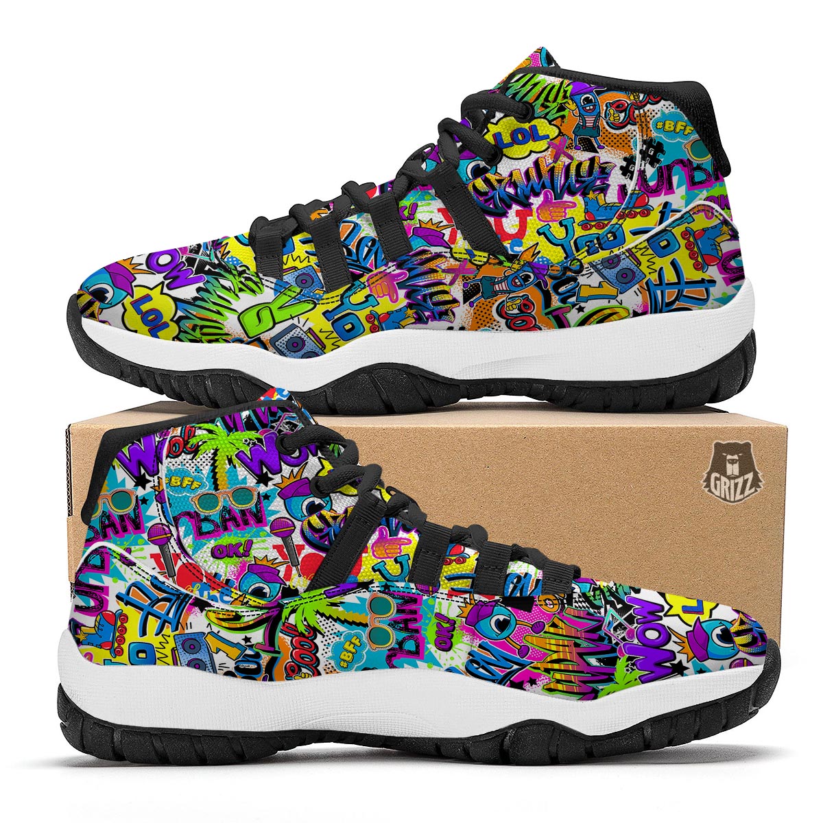 Pattern Print Graffiti Black Bball Shoes-grizzshop