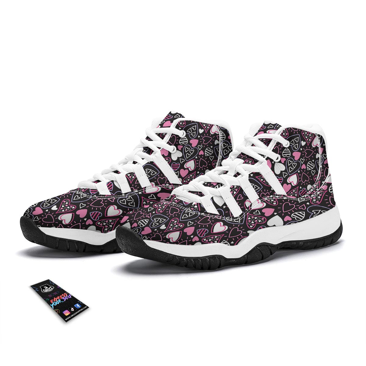 Pattern Print Heart White Bball Shoes-grizzshop