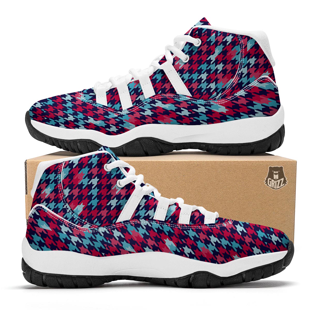 Pattern Print Houndstooth White Bball Shoes-grizzshop