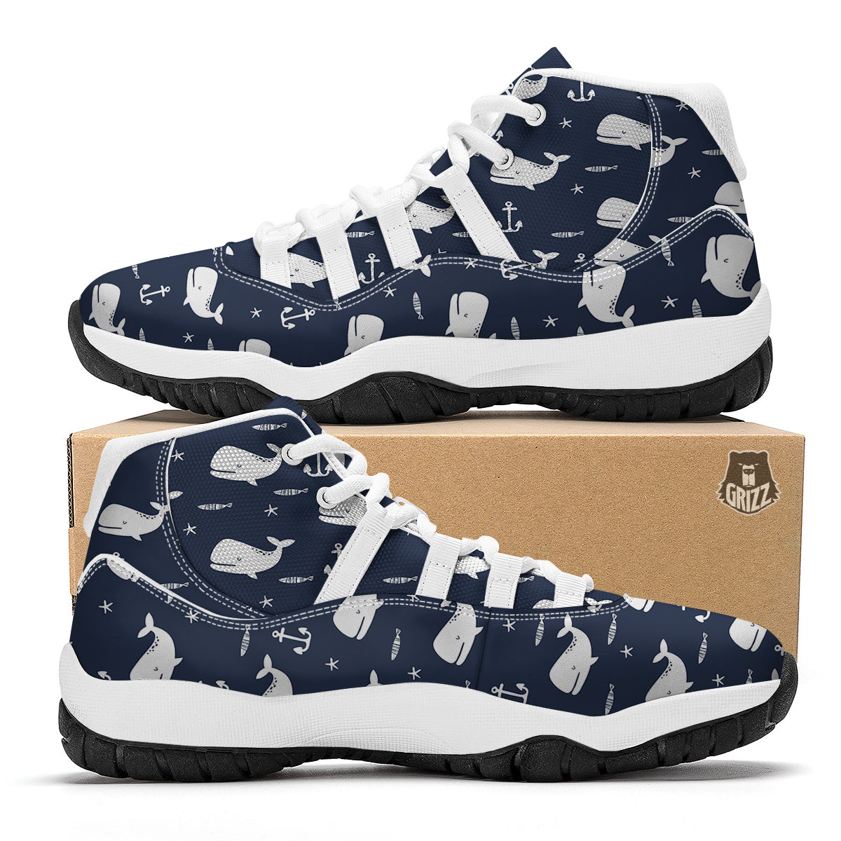 Pattern Print Humpback Whale White Bball Shoes-grizzshop