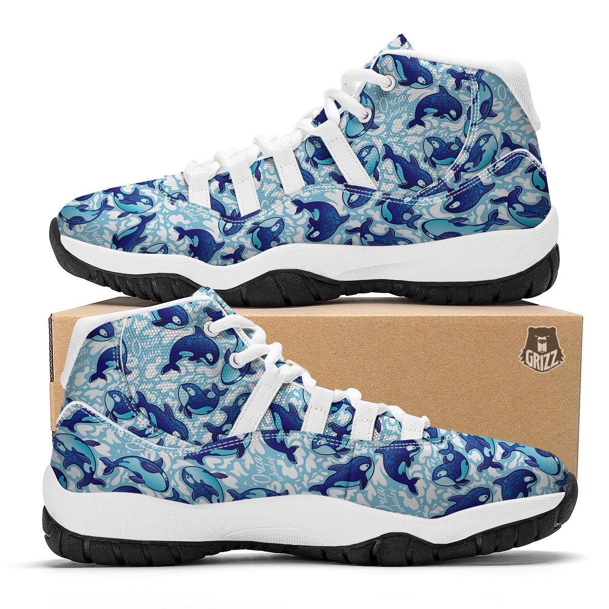 Pattern Print Killer Whale Orca White Bball Shoes-grizzshop