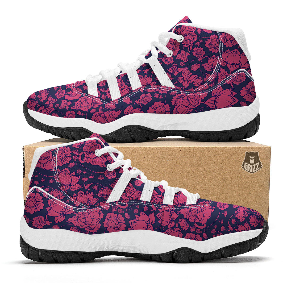 Pattern Print Lotus White Bball Shoes-grizzshop