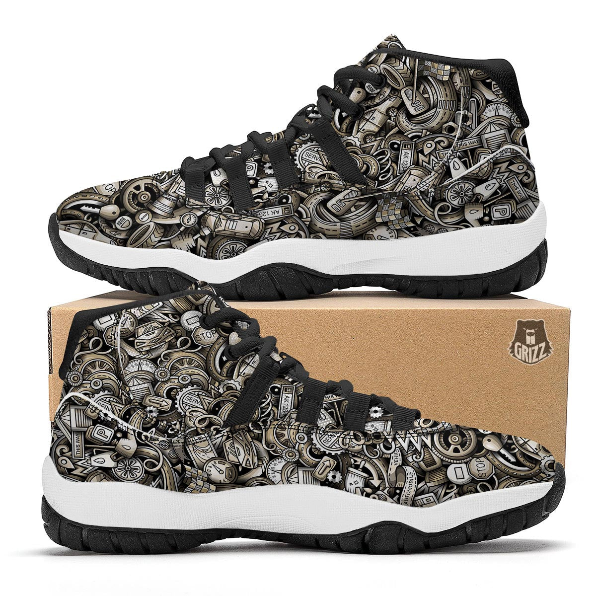 Pattern Print Mechanic Black Bball Shoes-grizzshop