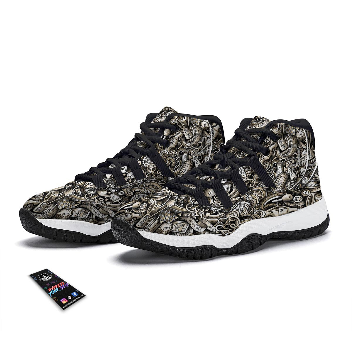 Pattern Print Mechanic Black Bball Shoes-grizzshop