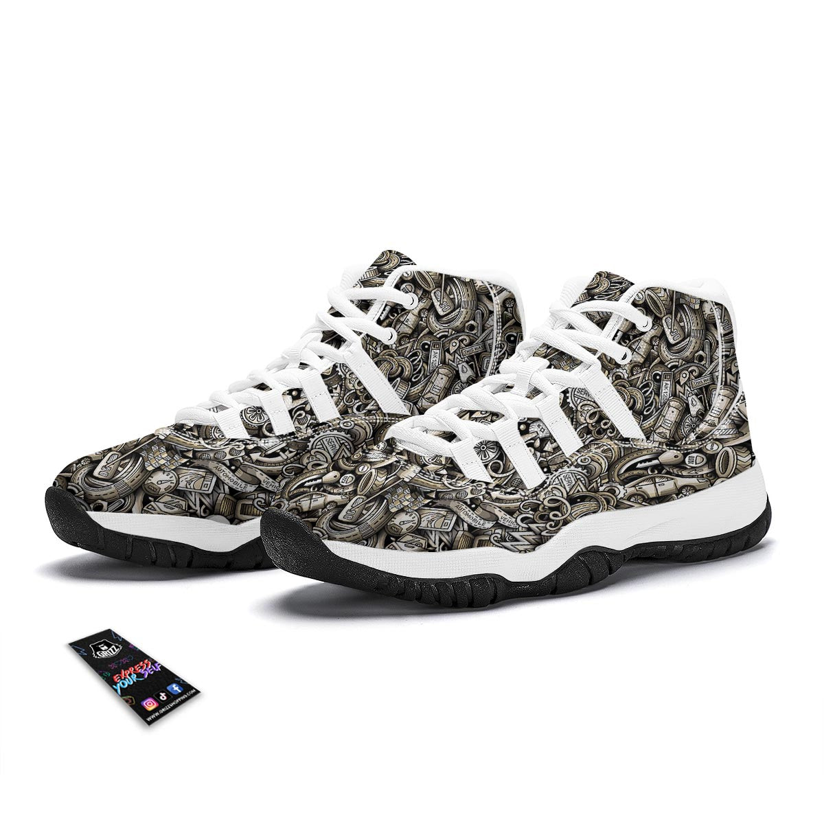 Pattern Print Mechanic White Bball Shoes-grizzshop