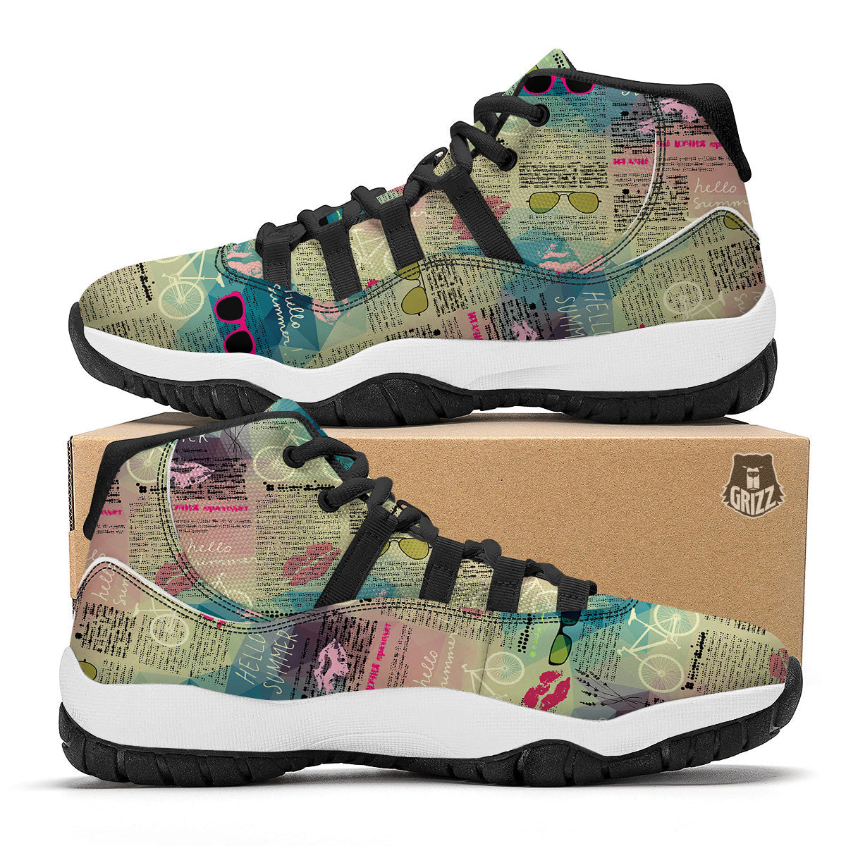 Pattern Print Newspaper Black Bball Shoes-grizzshop