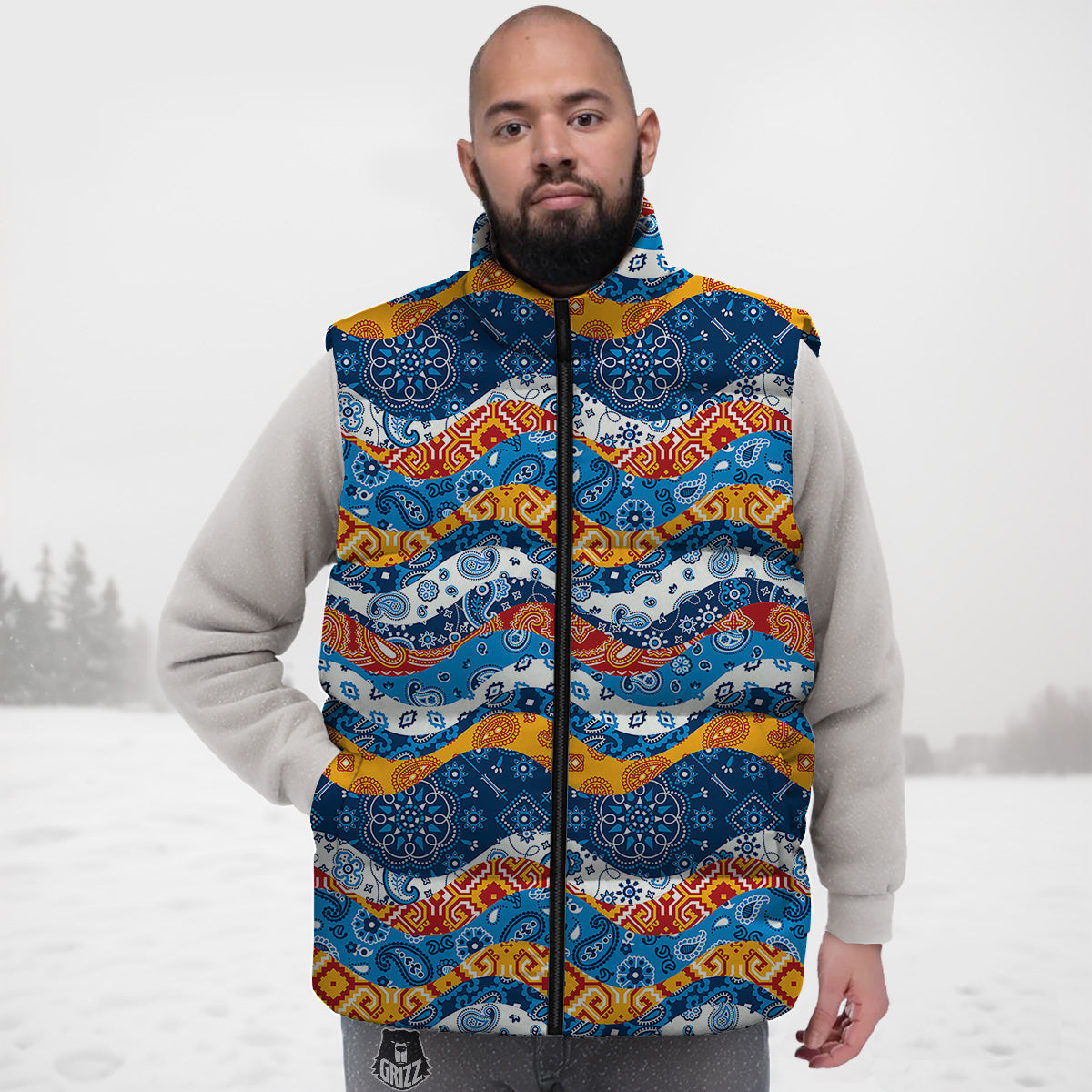 Pattern Print Newspaper Down Vest-grizzshop