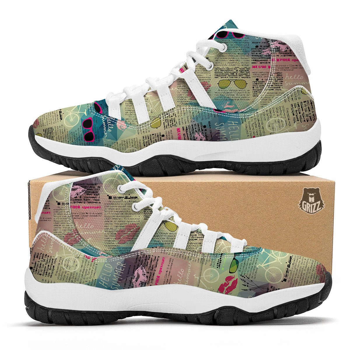 Pattern Print Newspaper White Bball Shoes-grizzshop