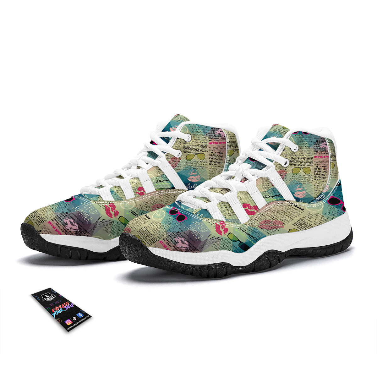 Pattern Print Newspaper White Bball Shoes-grizzshop