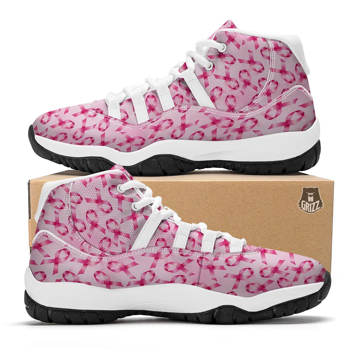 Pattern Print Pink Ribbon Breast Cancer Awareness White Bball Shoes-grizzshop