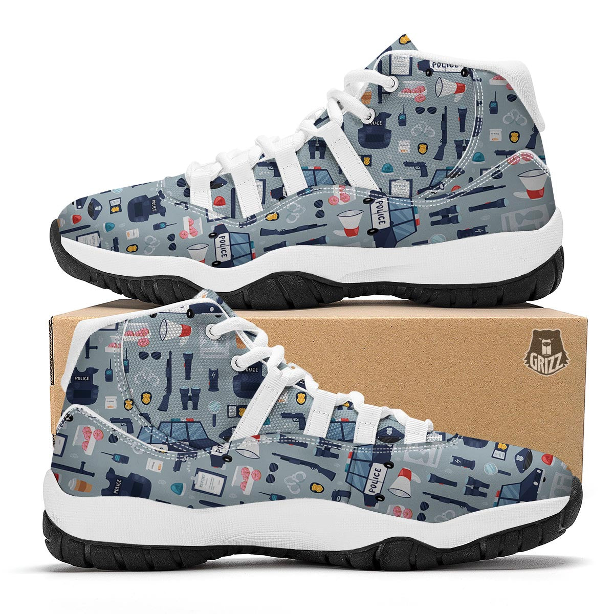 Pattern Print Police White Bball Shoes-grizzshop
