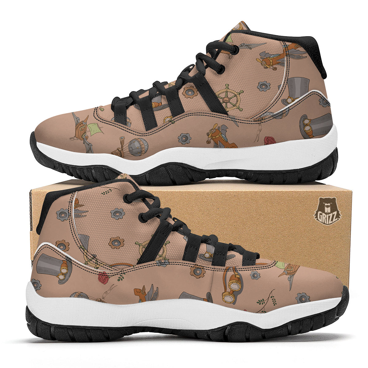 Pattern Print Steampunk Black Bball Shoes-grizzshop