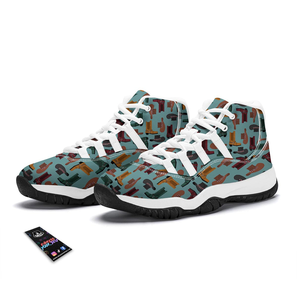 Pattern Print Western Cowboy White Bball Shoes-grizzshop