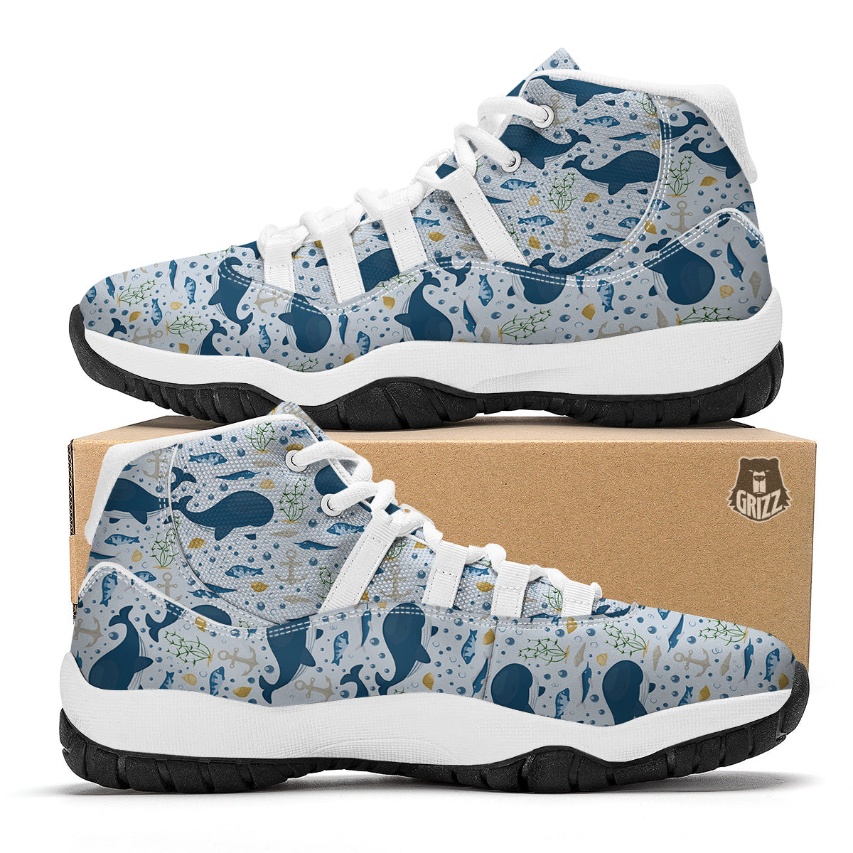 Pattern Print Whale Humpback White Bball Shoes-grizzshop