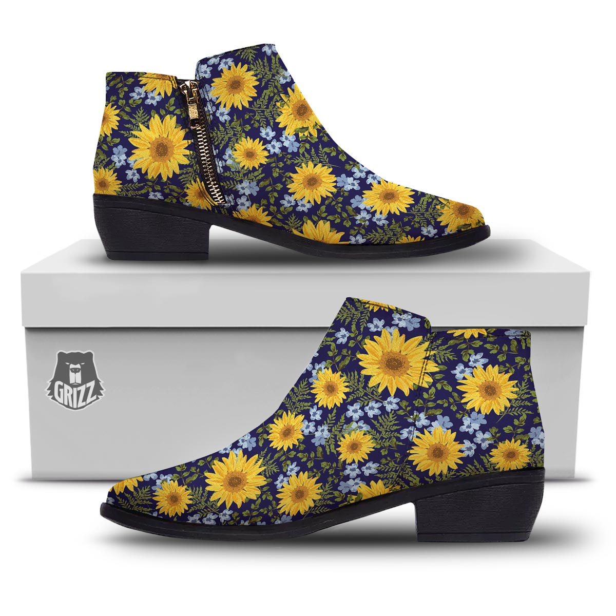 Pattern Sunflower Print Pattern Ankle Boots-grizzshop