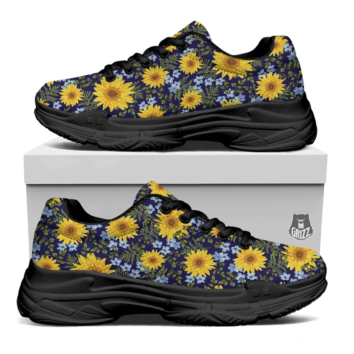 Pattern Sunflower Print Pattern Black Chunky Shoes-grizzshop