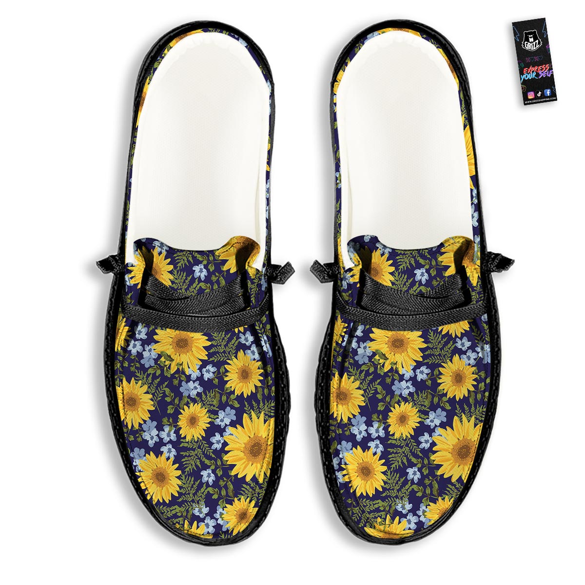 Pattern Sunflower Print Pattern Black Loafers-grizzshop