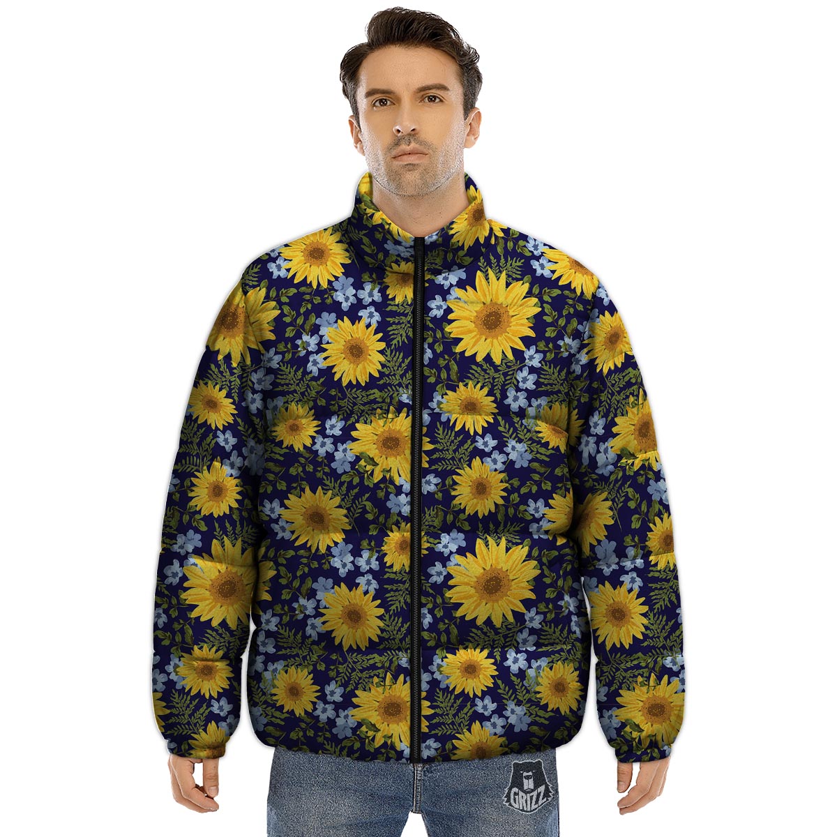 Pattern Sunflower Print Pattern Puffer Jacket-grizzshop