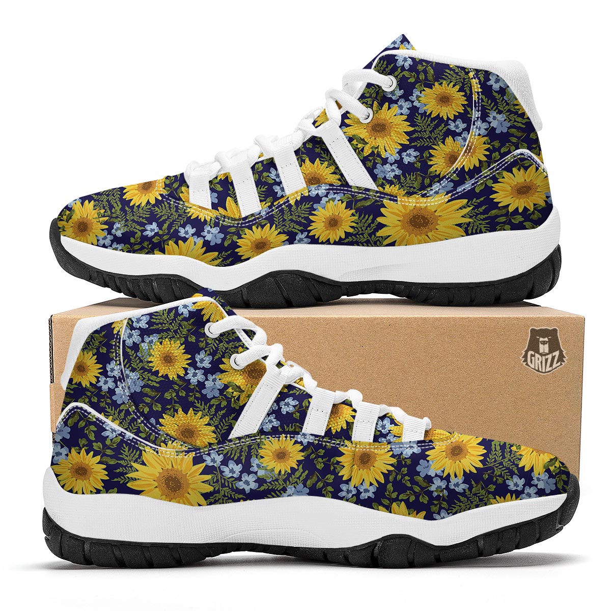 Pattern Sunflower Print Pattern White Bball Shoes-grizzshop