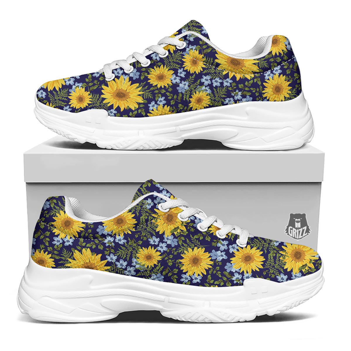 Pattern Sunflower Print Pattern White Chunky Shoes-grizzshop