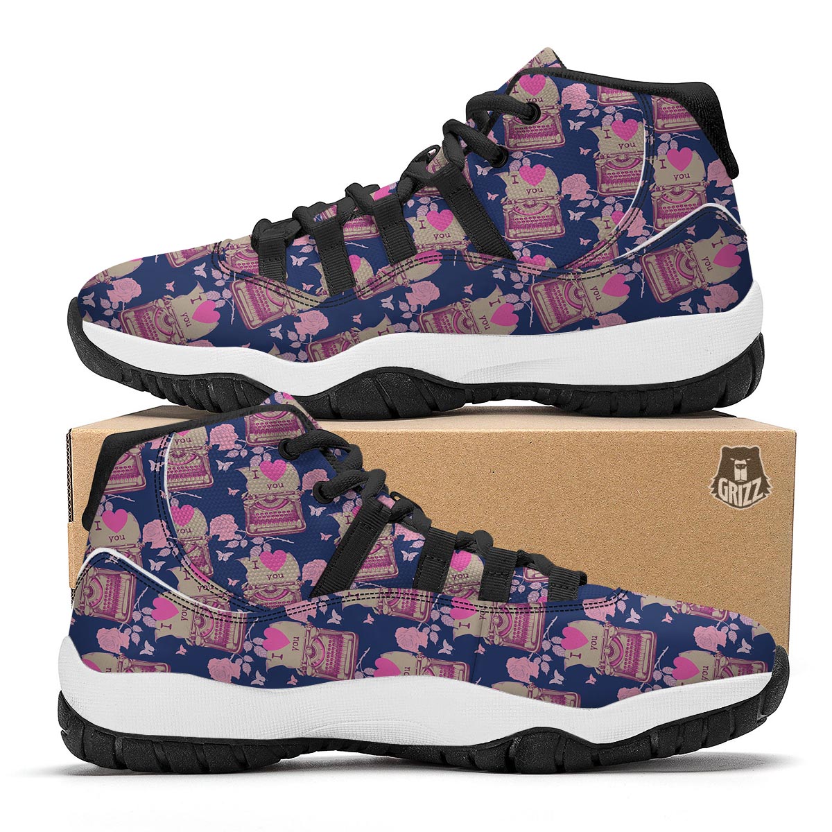 Pattern Typewriter Print Black Bball Shoes-grizzshop