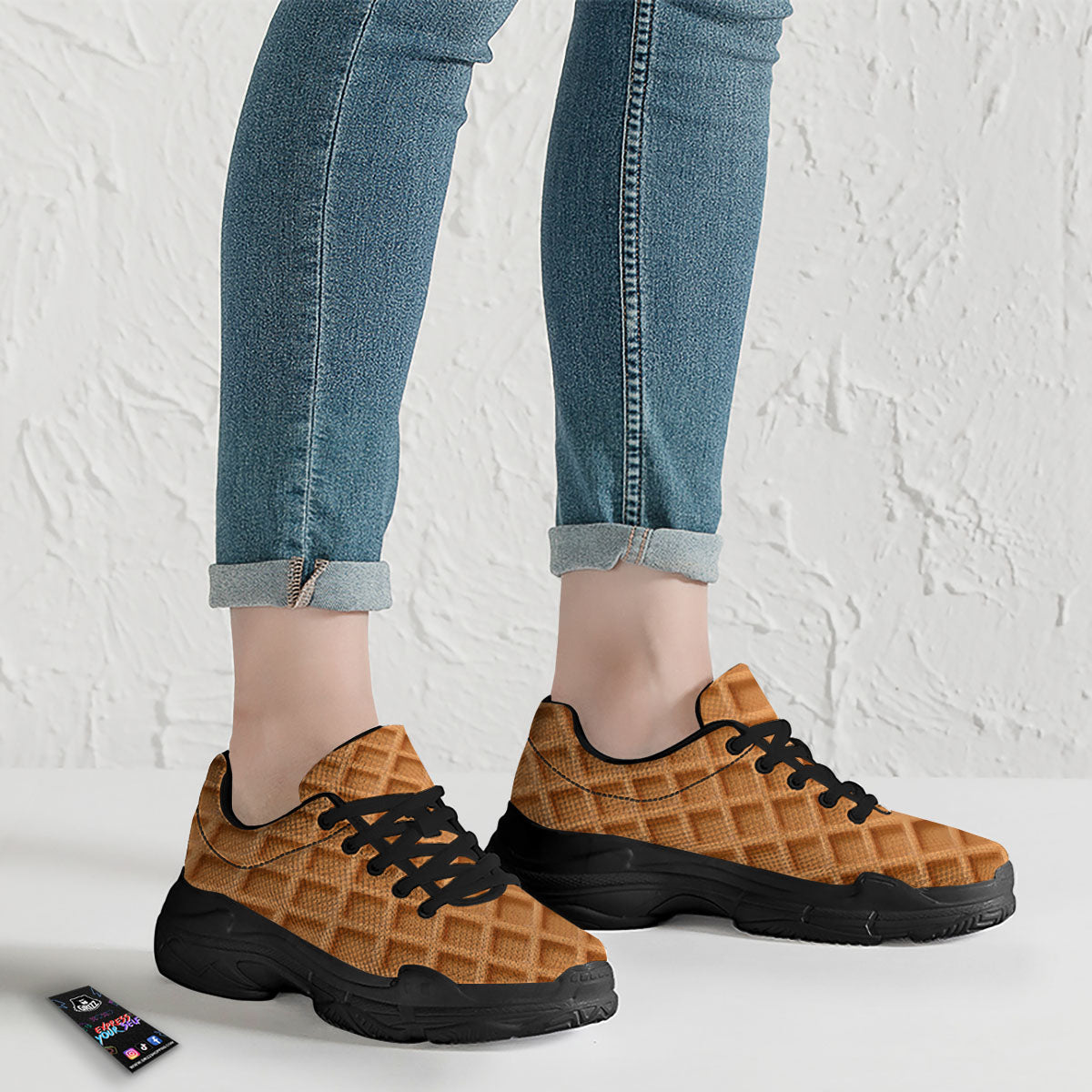 Pattern Waffle Print Black Chunky Shoes-grizzshop