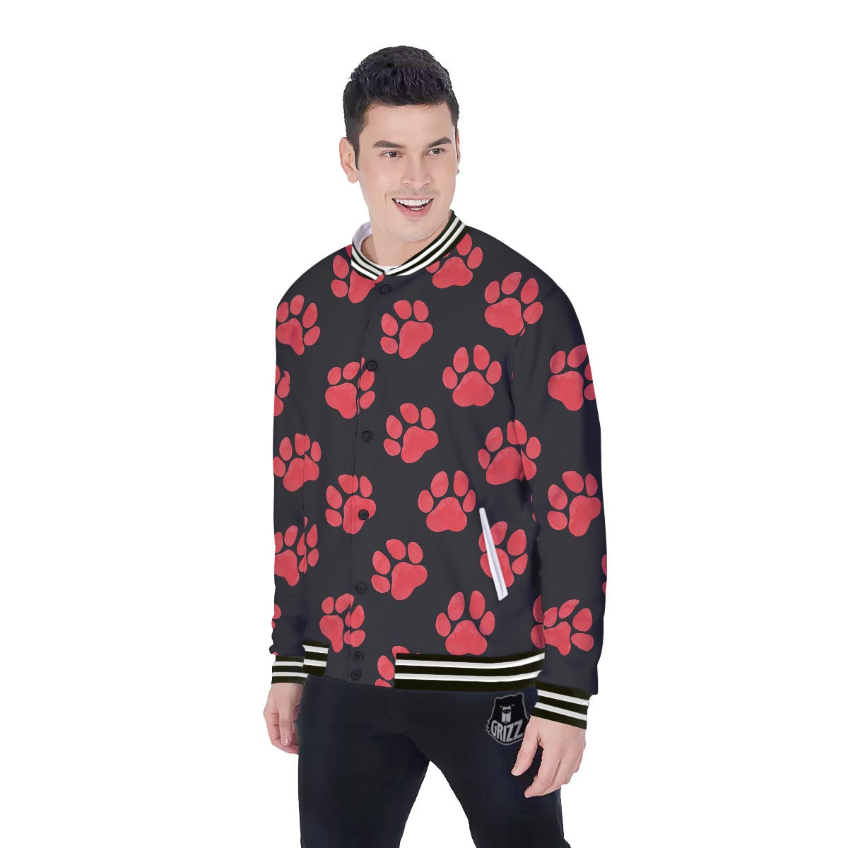 Paw Black And Red Print Pattern Baseball Jacket-grizzshop