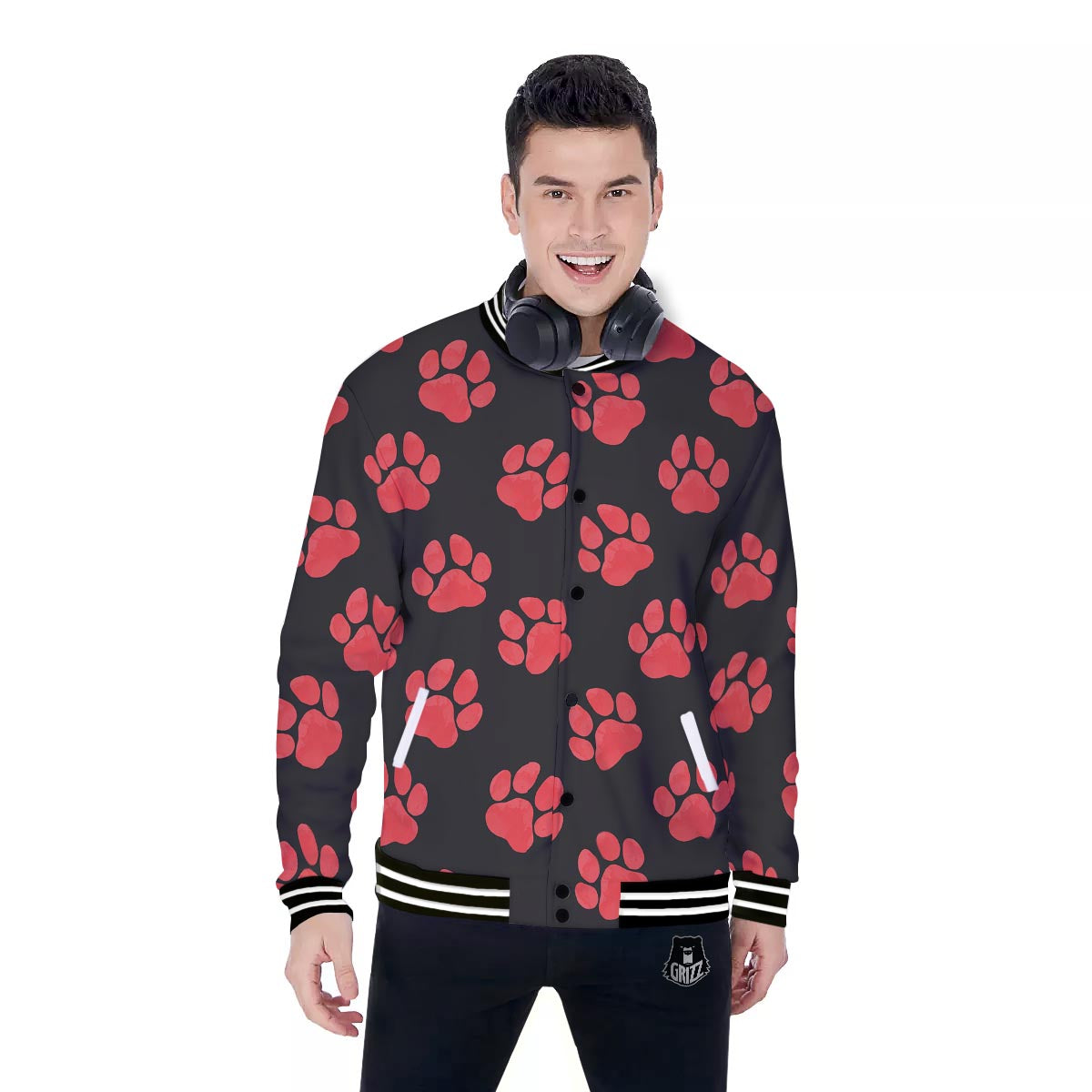Paw Black And Red Print Pattern Baseball Jacket-grizzshop