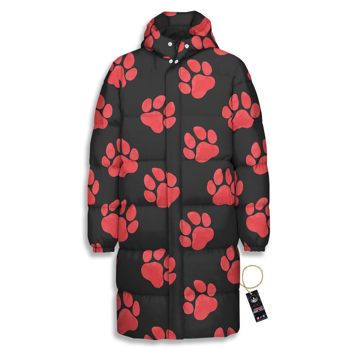 Paw Black And Red Print Pattern Long Down Jacket-grizzshop