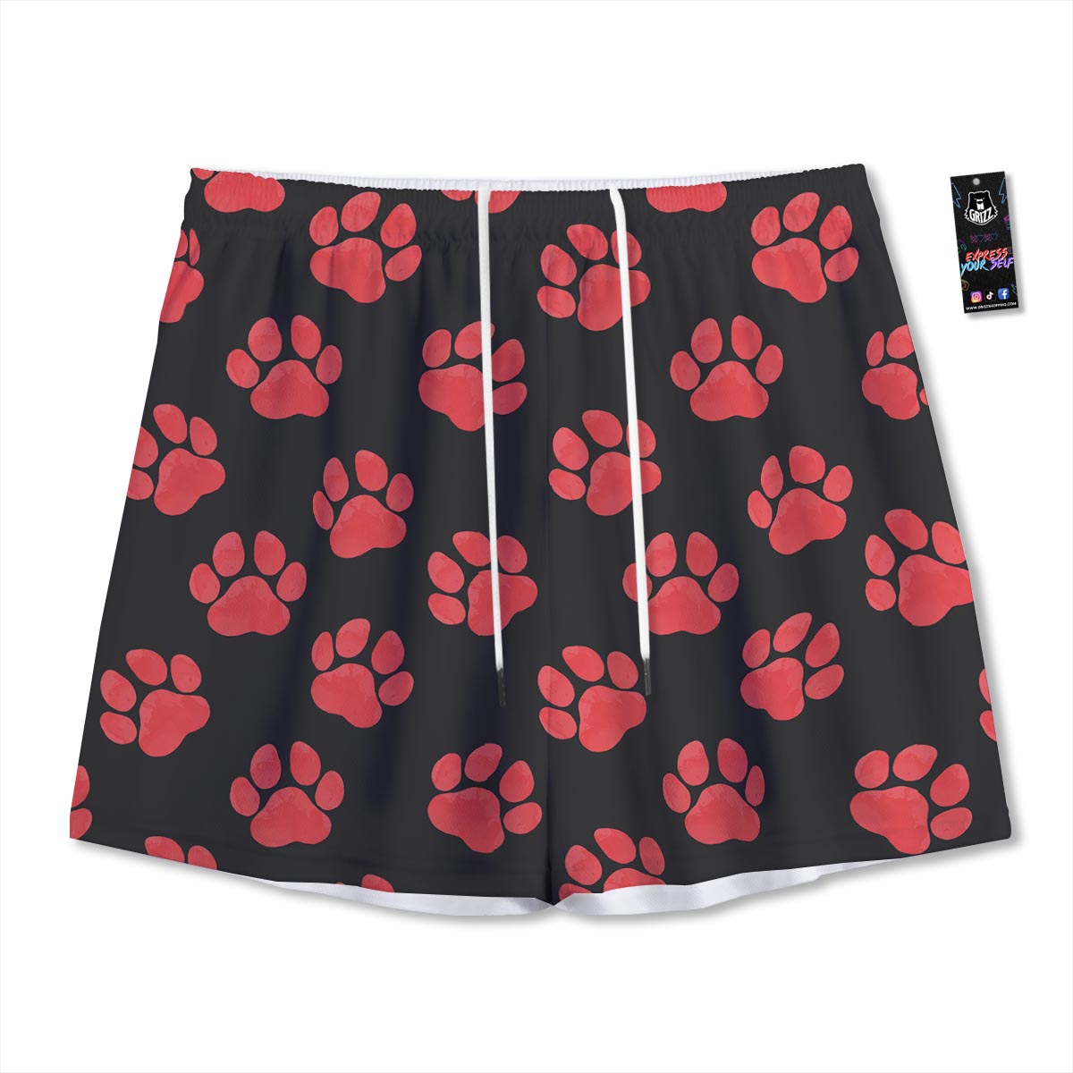Paw Black And Red Print Pattern Mesh Shorts