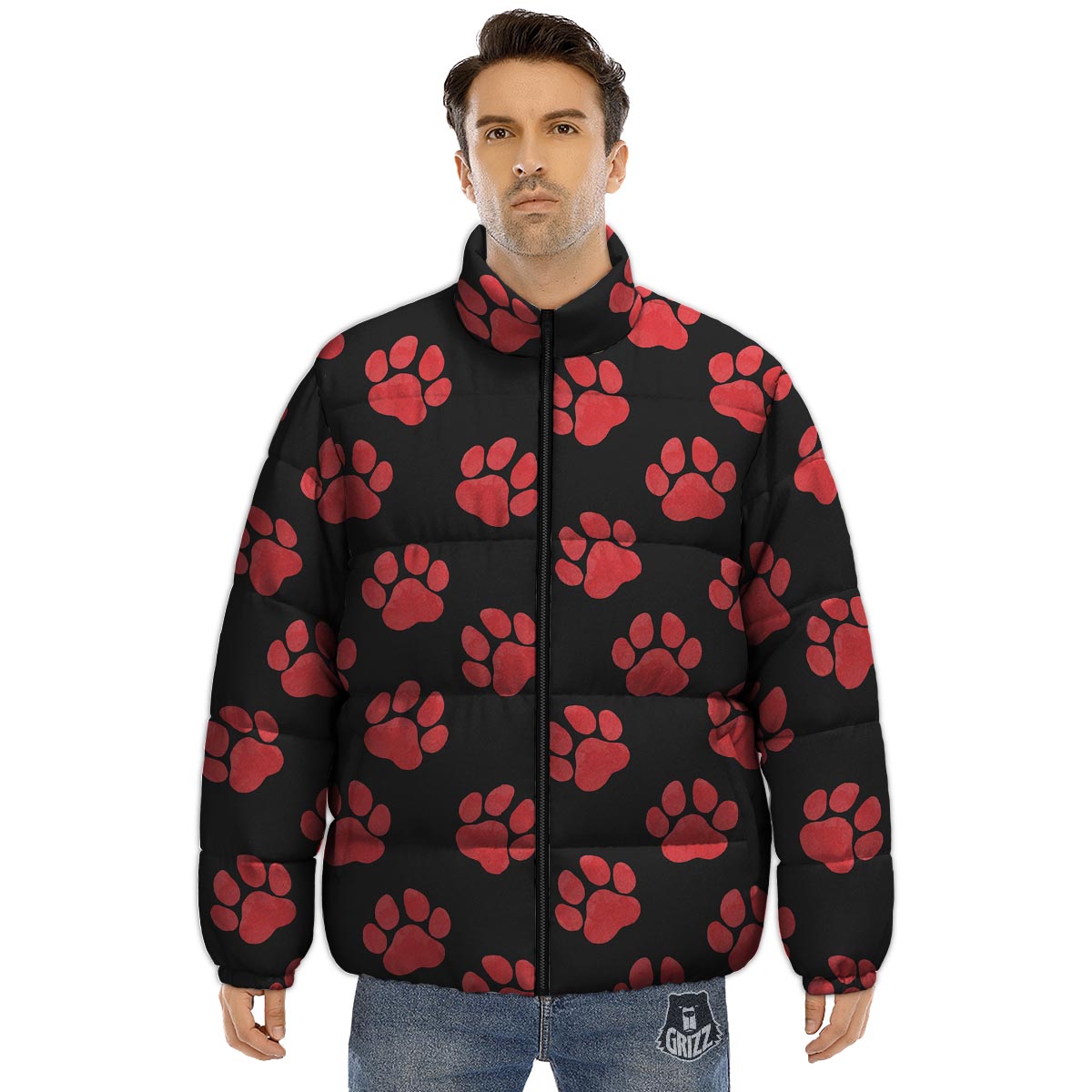 Paw Black And Red Print Pattern Puffer Jacket-grizzshop