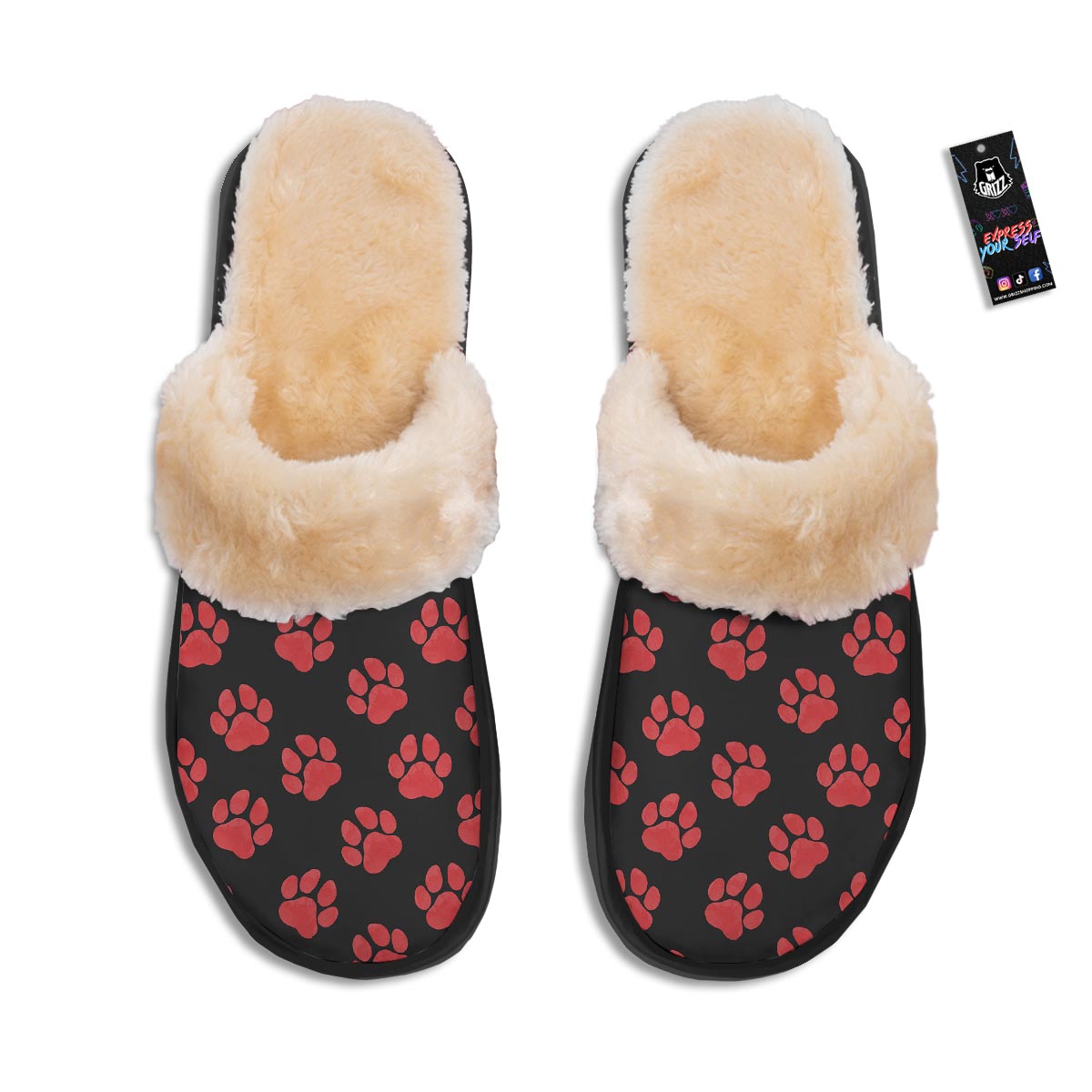 Paw Black And Red Print Pattern Slippers-grizzshop