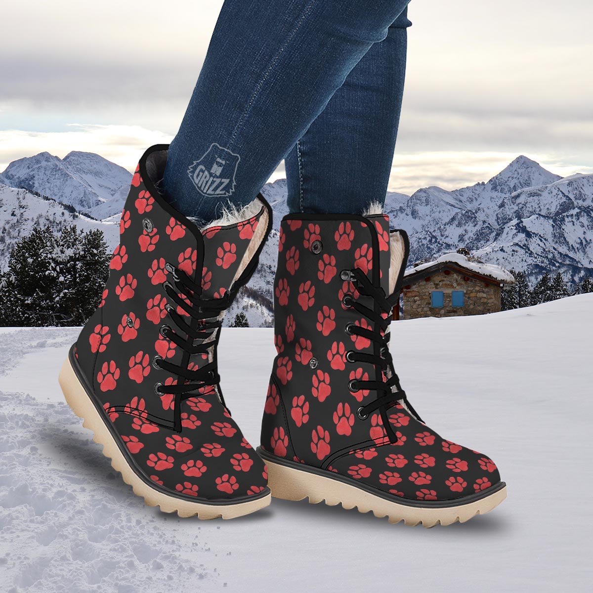 Paw Black And Red Print Pattern Snow Boots-grizzshop