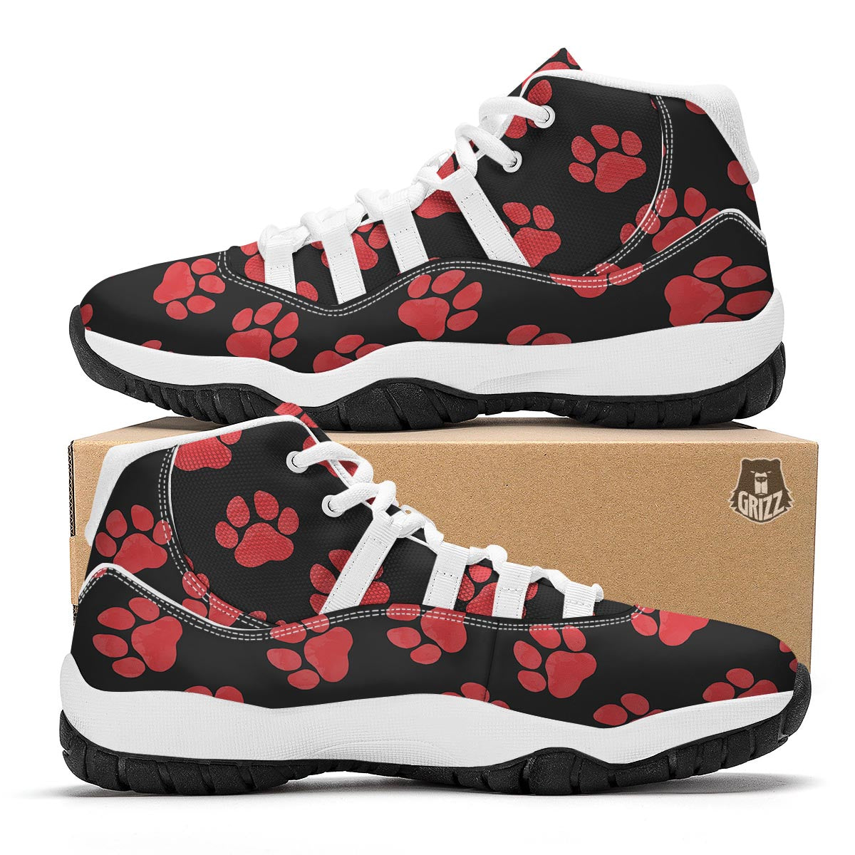 Paw Black And Red Print Pattern White Bball Shoes-grizzshop