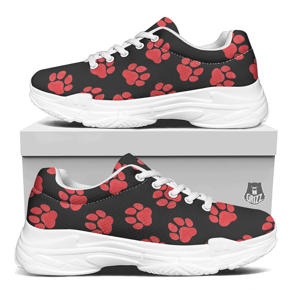 Paw Black And Red Print Pattern White Chunky Shoes-grizzshop
