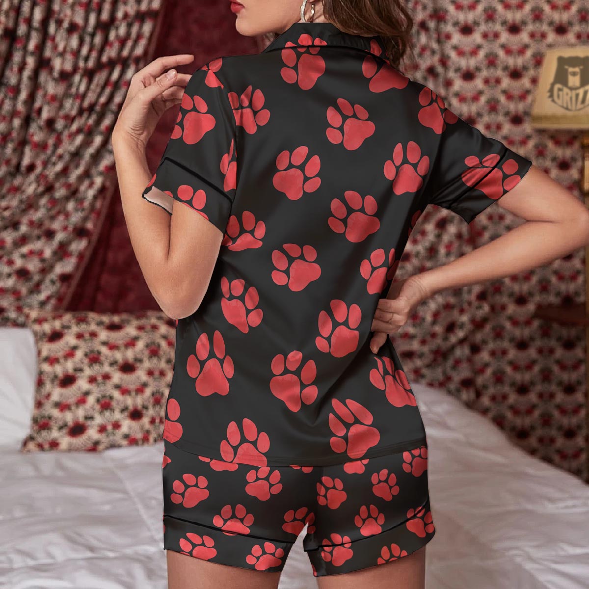 Paw Black And Red Print Pattern Women Silk Pajamas-grizzshop