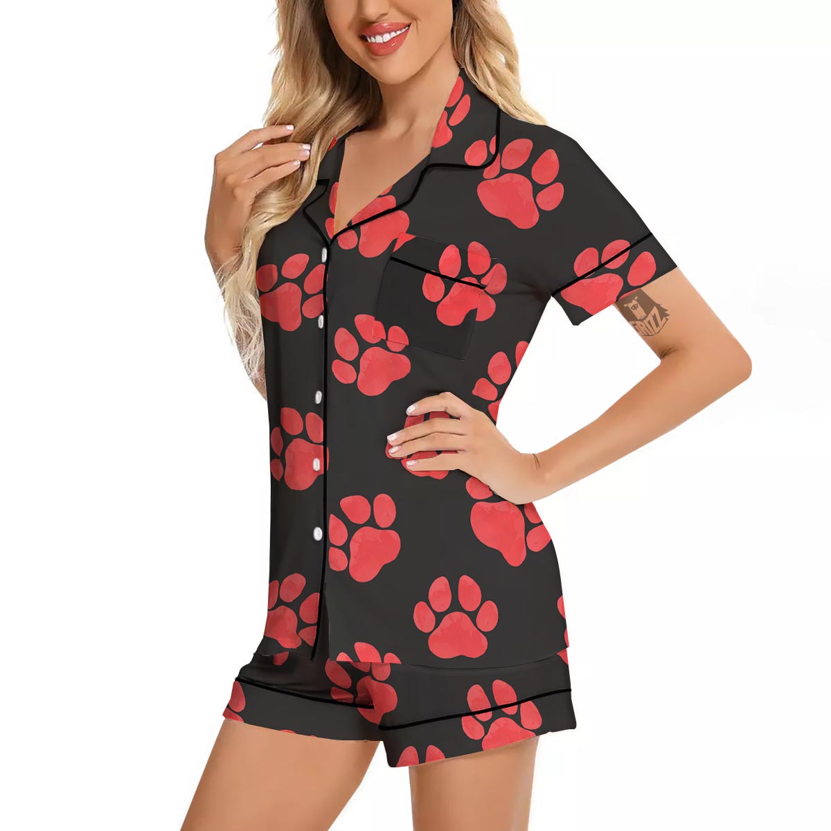 Paw Black And Red Print Pattern Women Silk Pajamas-grizzshop