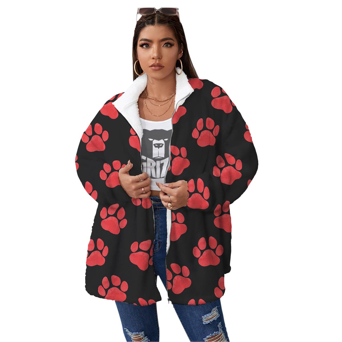 Paw Black And Red Print Pattern Women's Sherpa Jacket-grizzshop