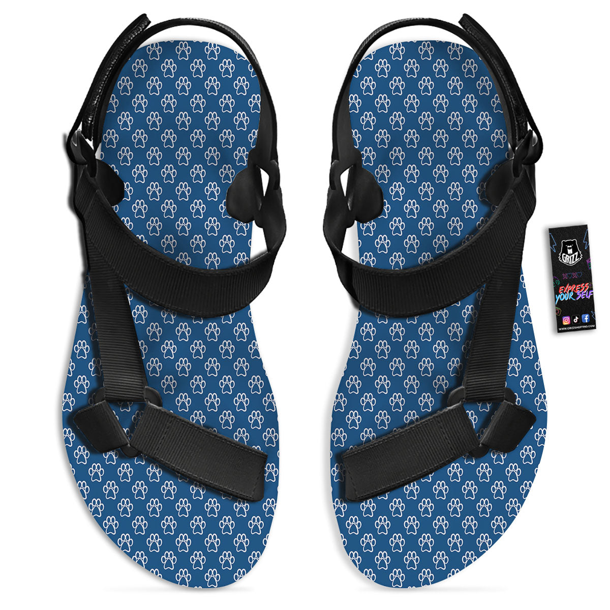 Paw Blue Animal Print Pattern Black Open Toe Sandals-grizzshop