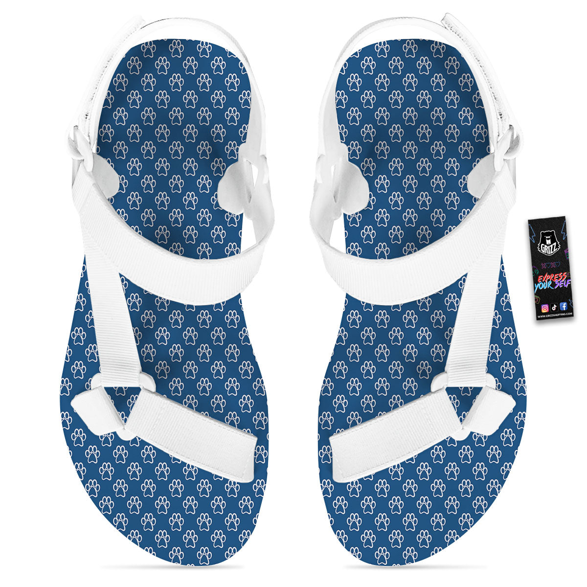 Paw Blue Animal Print Pattern White Open Toe Sandals-grizzshop