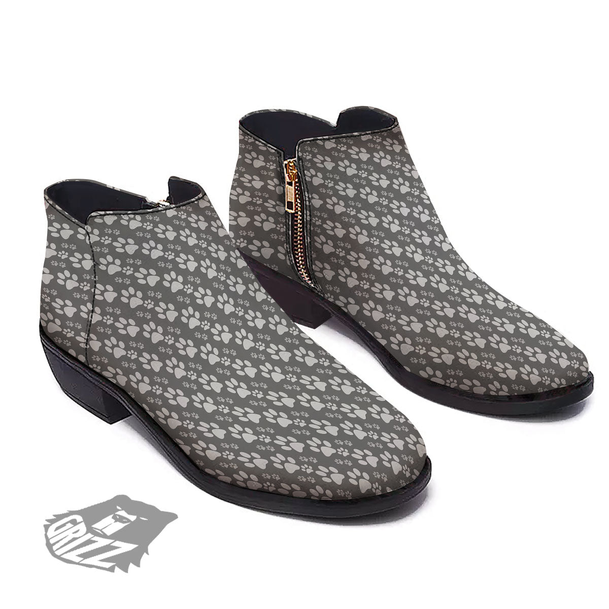 Paw Grey Animal Print Pattern Ankle Boots-grizzshop