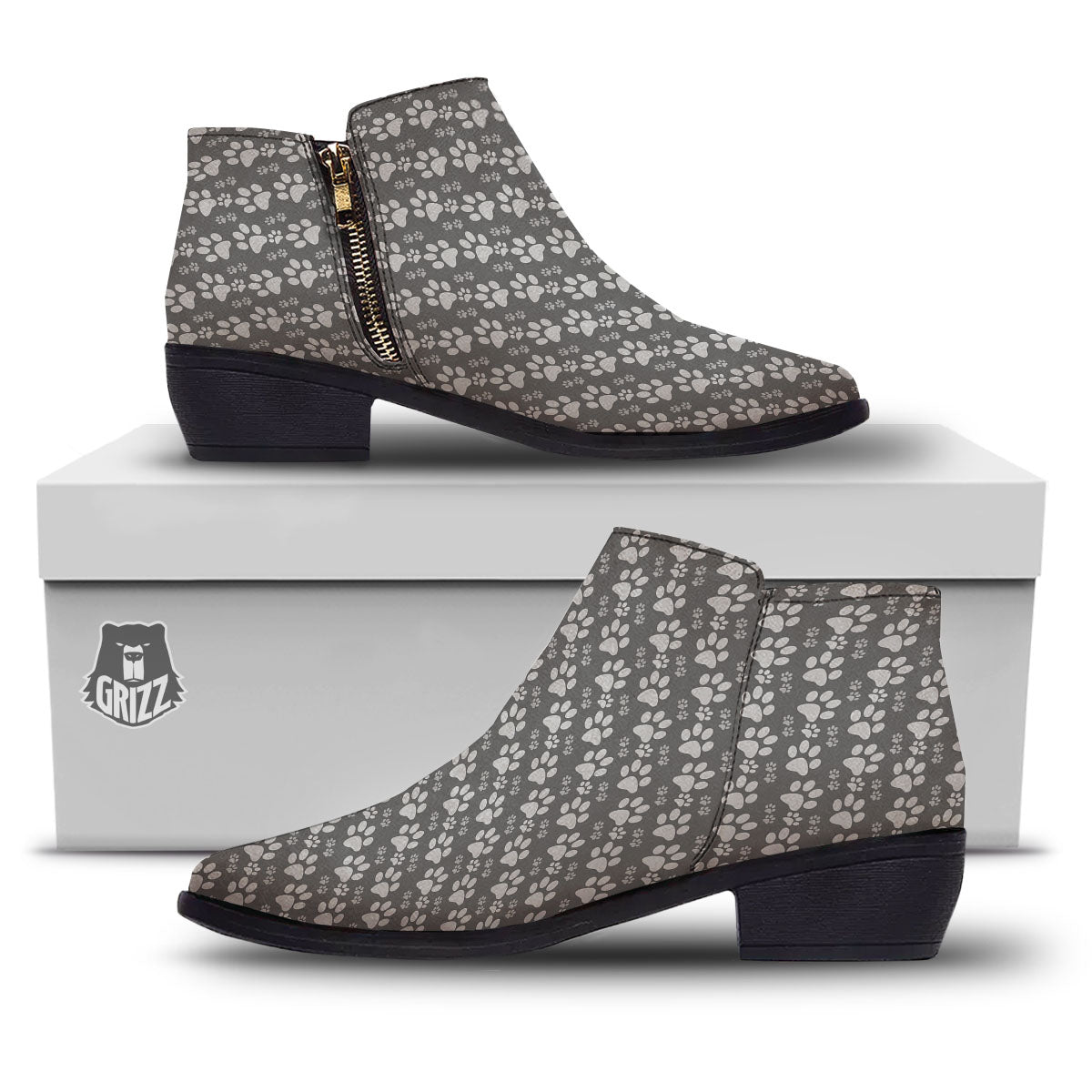 Paw Grey Animal Print Pattern Ankle Boots-grizzshop