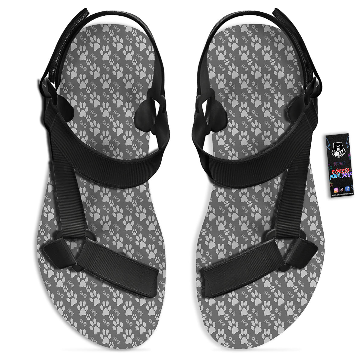 Paw Grey Animal Print Pattern Black Open Toe Sandals-grizzshop